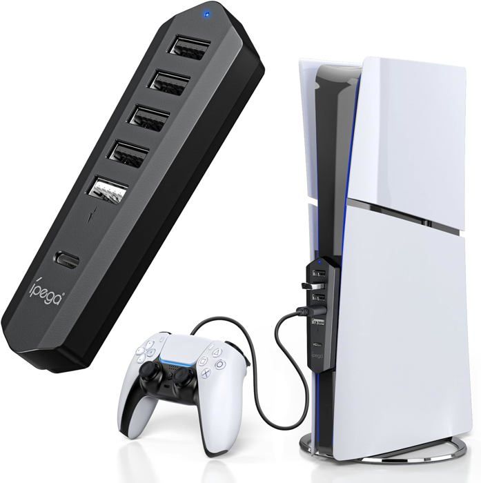 6 en 1 Hub USB pour PS5 Slim Disc/Digital Console, Extension de Port USB Haute Vitesse pour PS5 Slim Accessoires