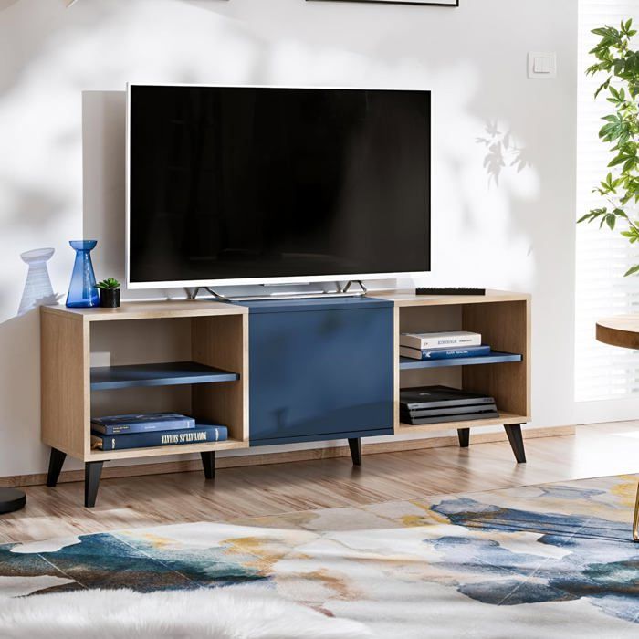 komodee Meuble TV Fondi bleu bois clair avec porte et 2 etageres 136 x 35x 49 cm pour salon chambre