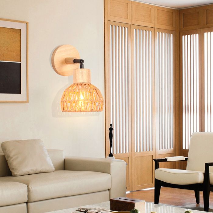 SNOGOLD Applique Mural Interieur Rétro Lampe Mural en Rotin et Bois Ajustable E27 Luminaire Plafonnier pour Salon Couloir Marron