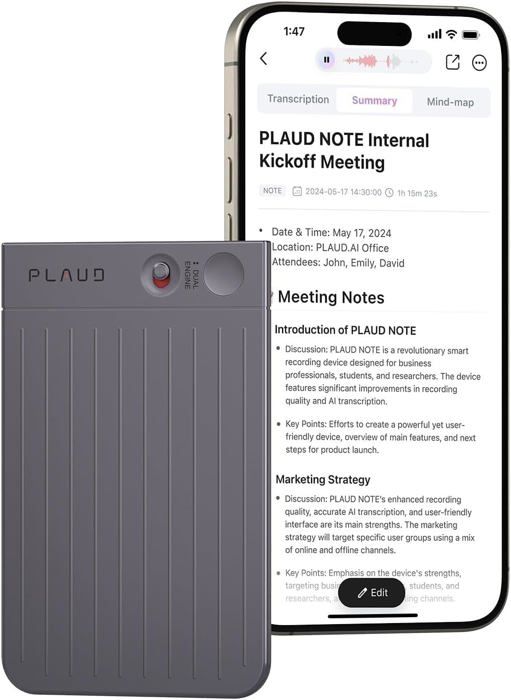 Enregistreur Vocal IA - PLAUD - NOTE - 64 Go - Transcription 112 Langues - Double Microphone