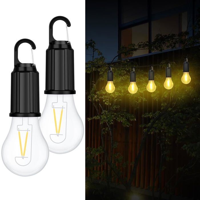 Lanterne de Camping USB C Ampoule Rechargeable Blanc Chaud 3000K 3 Modes Ampoule Camping Tente avec Crochet Lampe Portable