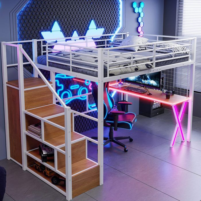 Lit Mezzanine Adulte Métal 140x200 Cm Lit Enfant Lit Loft Avec Bureau