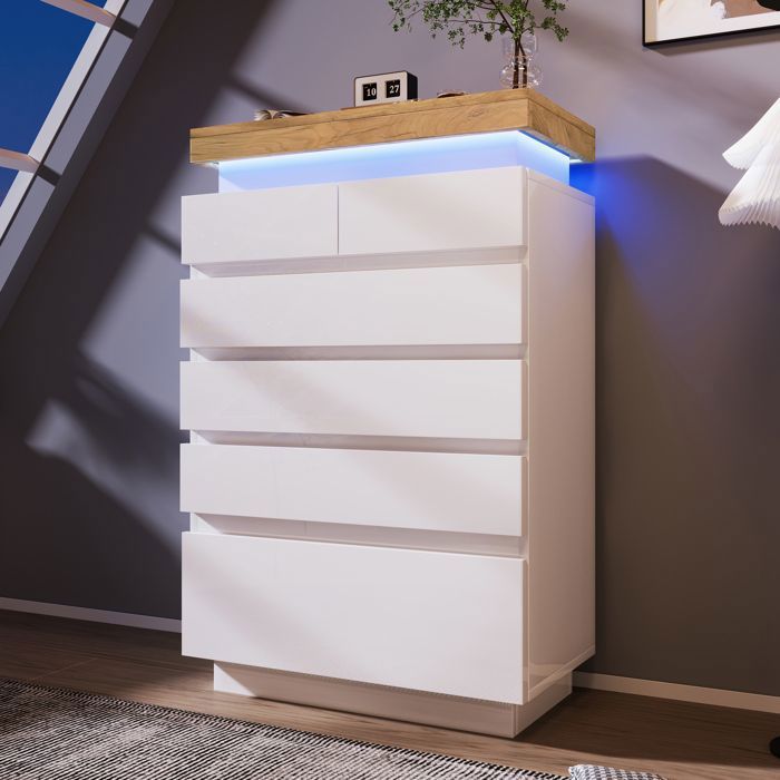 Commode buffet brillant 6 tiroirs éclairage LED (APP Control) armoire multifonction pour le salon et la chambre à coucher
