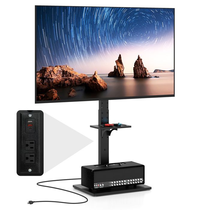 COSTWAY Support TV sur Pied Mobile pour 32 à 70 avec Prise Secteur Inclinable Réglable en Hauteur Tablette AV Réglable 50kg