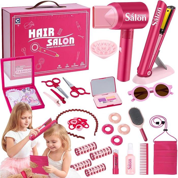deAO Ensemble de Salon de beauté pour Filles 35 pièces, Mode Jeu de Simulation de Coiffeur avec sèche-Cheveux, Miroir, Fer à friser et Autres Accessoires Kit de Maquillage simulé pour Enfant