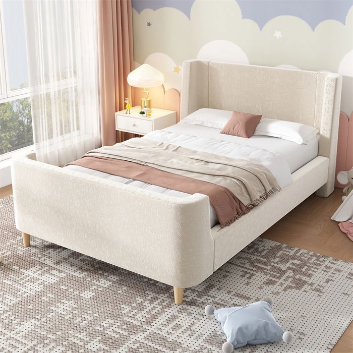 Lit enfant - Traîneau 90x200 - Velours beige - Motif cosmique - Sommier à lattes