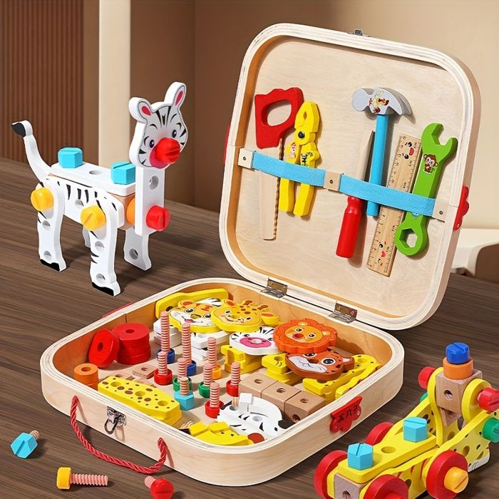 XIAPIA Boîte à Outils 124 Pièces En Bois – Kit Construction Grande Taille, Motricité, Créativité – Cadeau Dès 3 Ans
