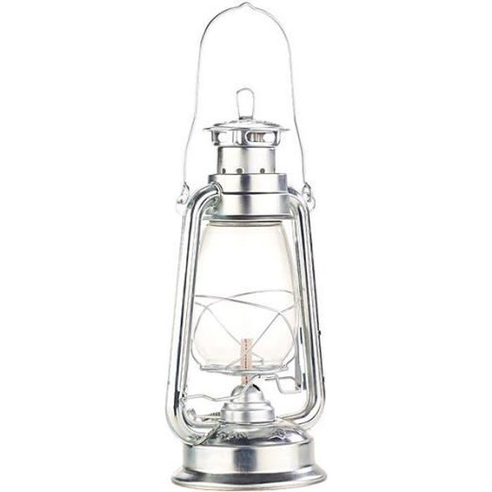 Lampe-tempête rétro à pétrole 30 cm - aspect Zinc - Gris - LUNARTEC - Vintage - Verre Label