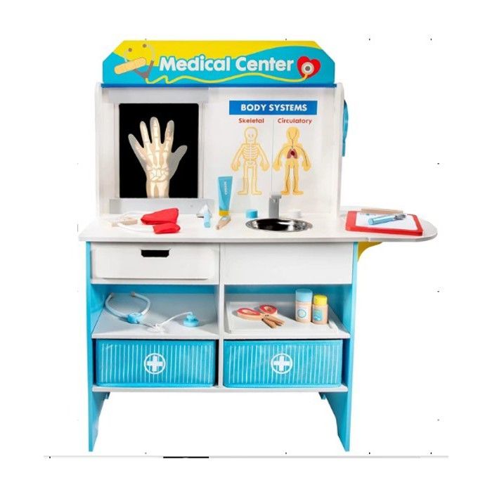 COSTWAY Centre Médical Enfant Bois – Machine CT + Films + 23 Accessoires – Chariot Rose – Dès 3 Ans – 58x35,5x86 Cm