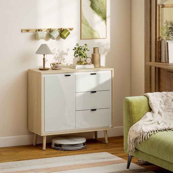 Buffet salon meuble de rangement armoire de cuisine placard à 2 portes 3 tiroirs et étagère réglable, 80x35x77cm, blanc - Maison Buffet salon meuble de rangement armoire de cuisine placard à 2 portes 3 tiroirs et étagère réglable, 80x35x77cm, blanc - Maison