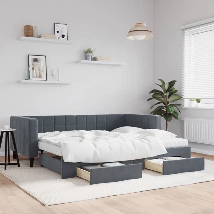 Lit de jour avec lit gigogne - vidaXL - Gris foncé - 90x200 cm - Velours - Tiroirs de rangement - Matelas en mousse