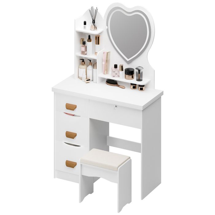 Coiffeuse avec Miroir Cœur LED - FIANAO - 3 Modes dÉclairage - 4 Tiroirs - Étagères Ouvertes - Tabouret Inclus - 80 x 40 x 135 cm