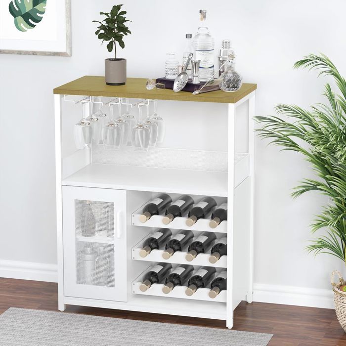 Meuble bar industriel avec rangements amovibles buffet/vaisselier rétro avec portes grillagées 69×35×92cm blanc