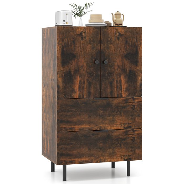 GIANTEX Buffet de Cuisine Style Industriel 2 Tiroirs Armoire de Rangement à Portes Pieds en Metal 60 x 41 5 x 102 cm Café