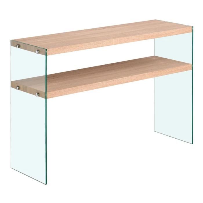 Console L. 110 cm en verre trempé et étagères effet chêne clair - ICE Meubletmoi Console L. 110 cm en verre trempé et étagères effet chêne clair - ICE Meubletmoi