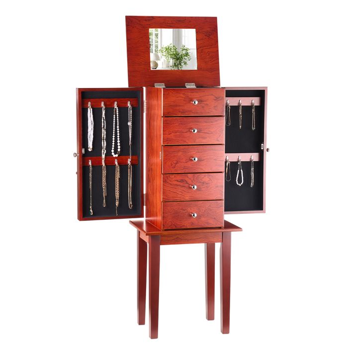 Armoire à Bijoux sur Pied en Bois-VEVOR-Coffre Rangement à Bijoux avec 4 Tiroirs Miroir Rabattable 2 Portes Latérales