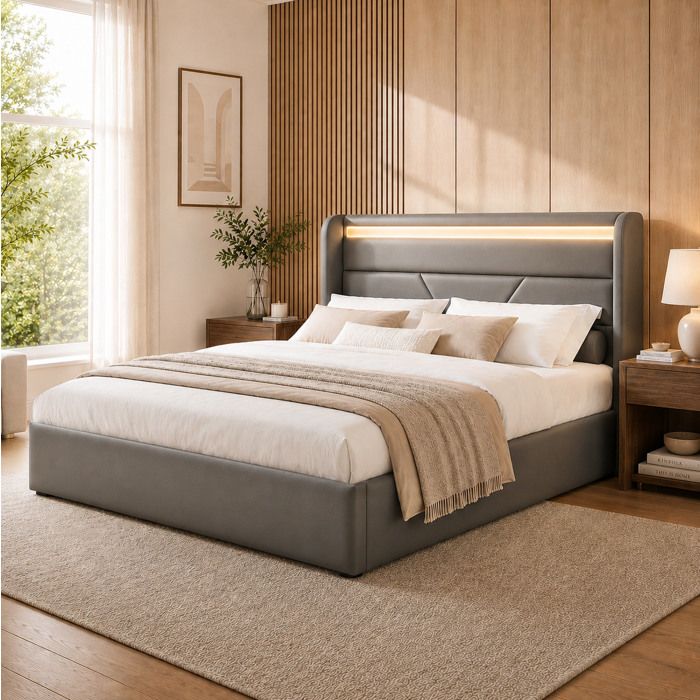 Lit coffre hydraulique LED EVRYAE 140x200 cm avec télécommande et rangement sous lit PU gris