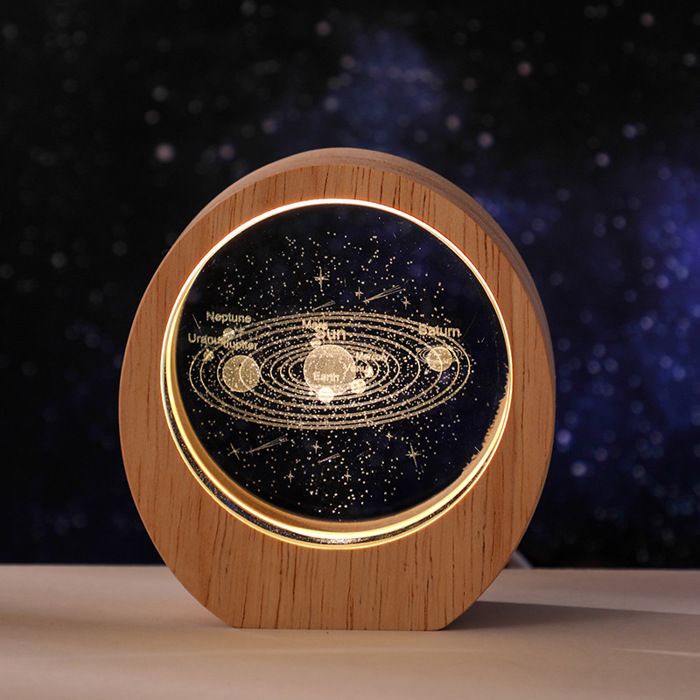 Veilleuse planétaire du système solaire en forme de météore avec cadre rond en bois sculpture 3D cristal lumineux d