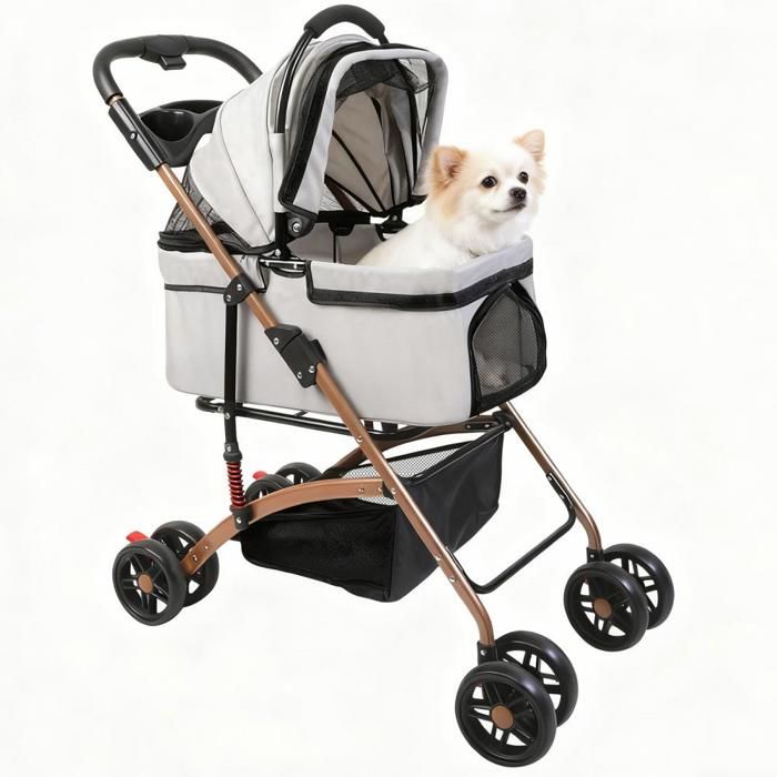 SUPFINE Poussette pour Chien Animaux de Compagnie 4 Roues Pivotantes Capacité de 30 kg Support Amovible Panier Rangement Gris