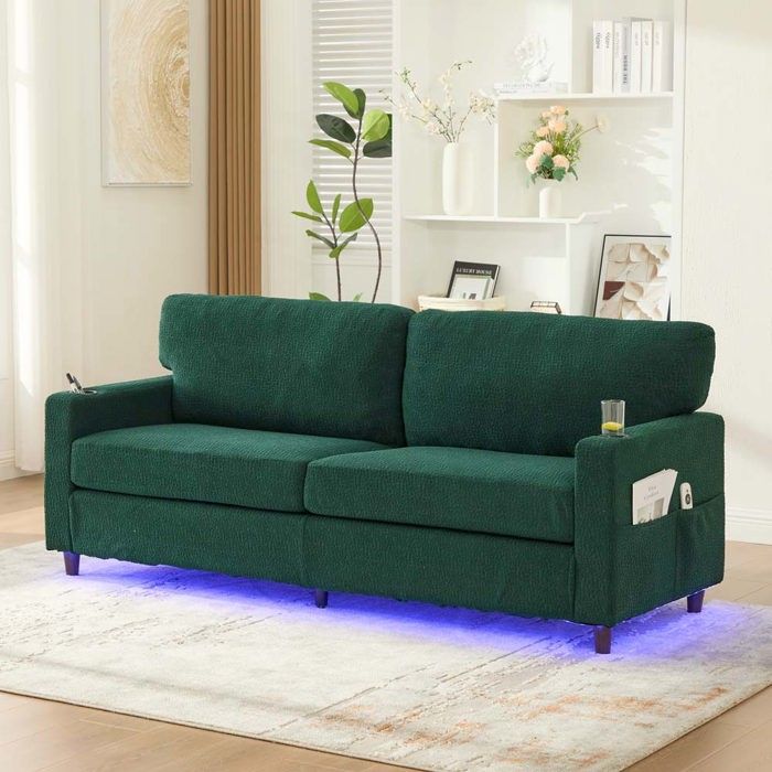 Canapé deux places - Relaxation - Revêtement velours - Ports USB‑C et LED - Structure bois et métal
