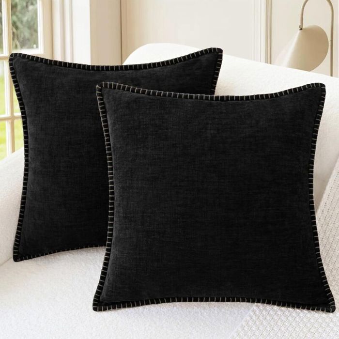Lot de 2 Housses de coussin décoratives 50 x 50cm en coton finitions cousues coloris noir uni douces et chenille pour canapé