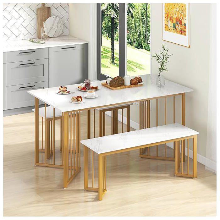 GIANTEX Ensemble de Table à Manger 4 Pièces- Table de Cuisine avec Banc et 2 Tabourets- Cadre en Métal Dorée- Plateau en Faux Marbre GIANTEX Ensemble de Table à Manger 4 Pièces- Table de Cuisine avec Banc et 2 Tabourets- Cadre en Métal Dorée- Plateau en Faux Marbre