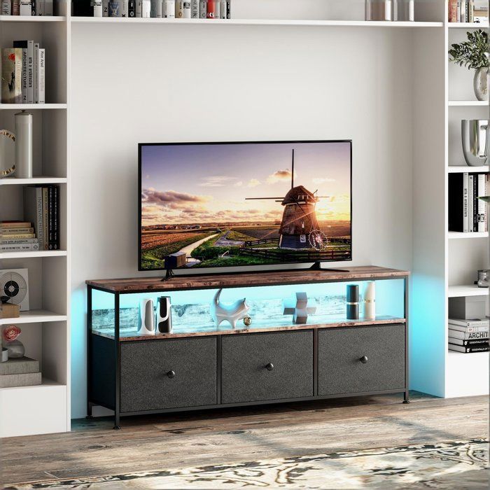 Meuble TV Meuble TV LED Meuble TV haut 3 Tiroirs de rangement pratique avec LED 108×30×57 cm panneau de particules et acier Noir