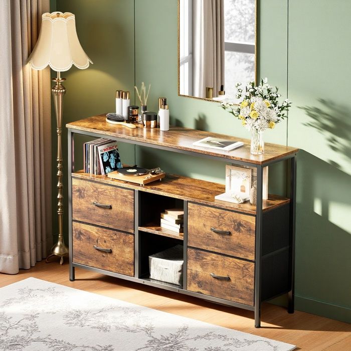 Meuble TV 108 cm Meuble TV Industriel avec 4 Tiroirs et Étagères Cadre en Acier Armoire de Rangement avec LED Marron