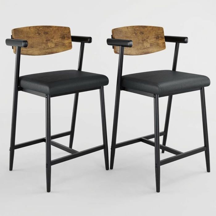 Tabouret de cuisine - LUNSY - Lot de tabourets - 49x48x94 cm - Marron - Assise 65 cm - Repose-pieds intégré