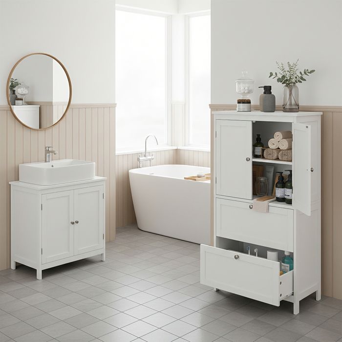 Meuble de Salle de Bain avec 2 Portes et 2 Tiroirs Étagères Réglables 30 x 60 x 110 cm Blanc