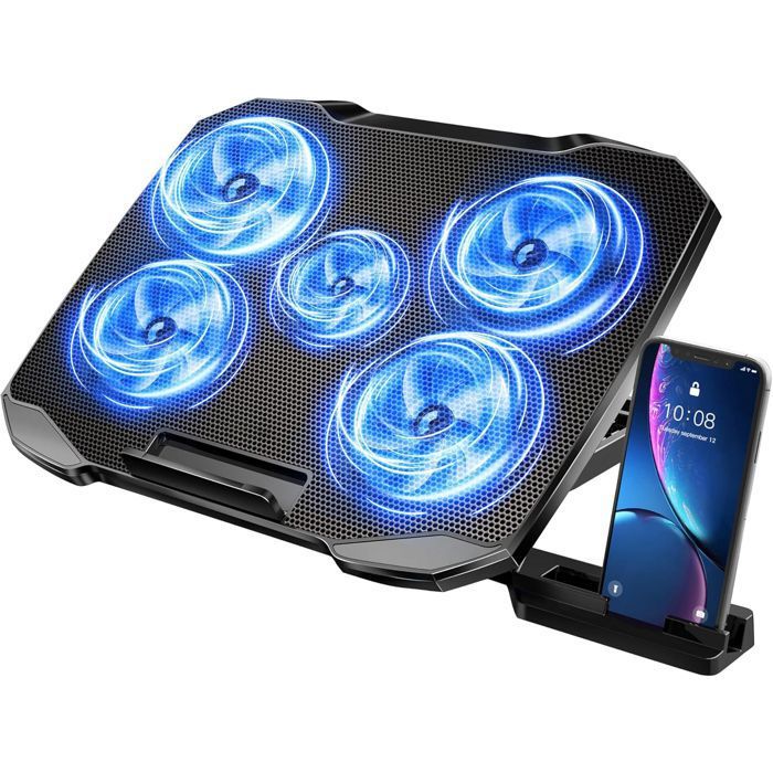 Refroidisseur Ordinateur Portable - Refroidissement Ultra Rapide - 5 Ventilateurs Silencieux - Convient pour 12 à 156 pouces