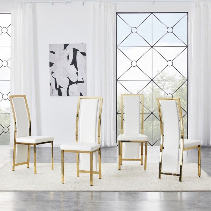 lot de 4 Chaises de salle à manger design européen similicuir blanc structure métal doré polyvalente cuisine bureau 44x42.7x109cm lot de 4 Chaises de salle à manger design européen similicuir blanc structure métal doré polyvalente cuisine bureau 44x42.7x109cm