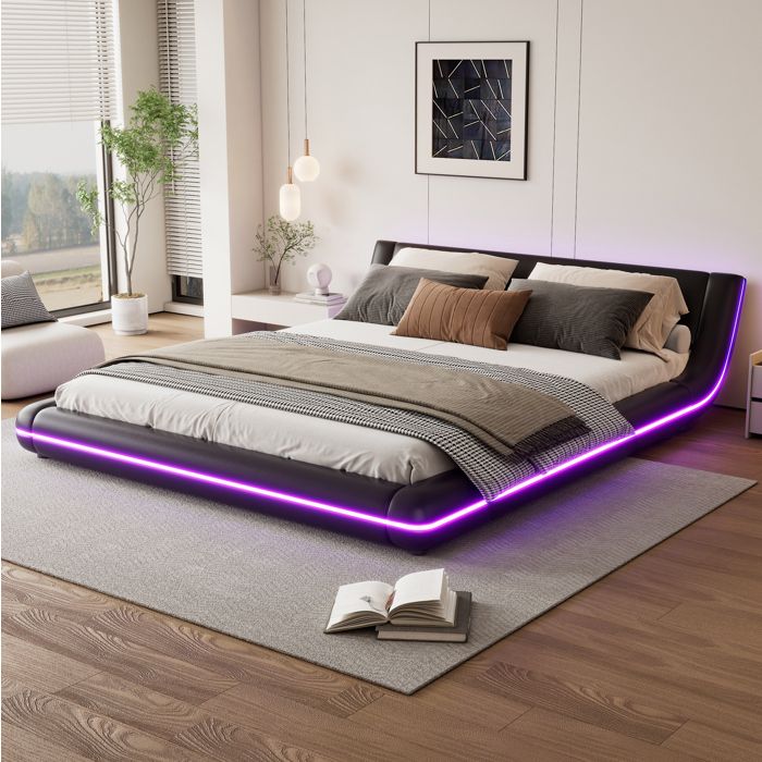 Lit plateforme 160×200 cm LED 12 lattes - BEAUNIV - sans matelas PU MDF - Noir