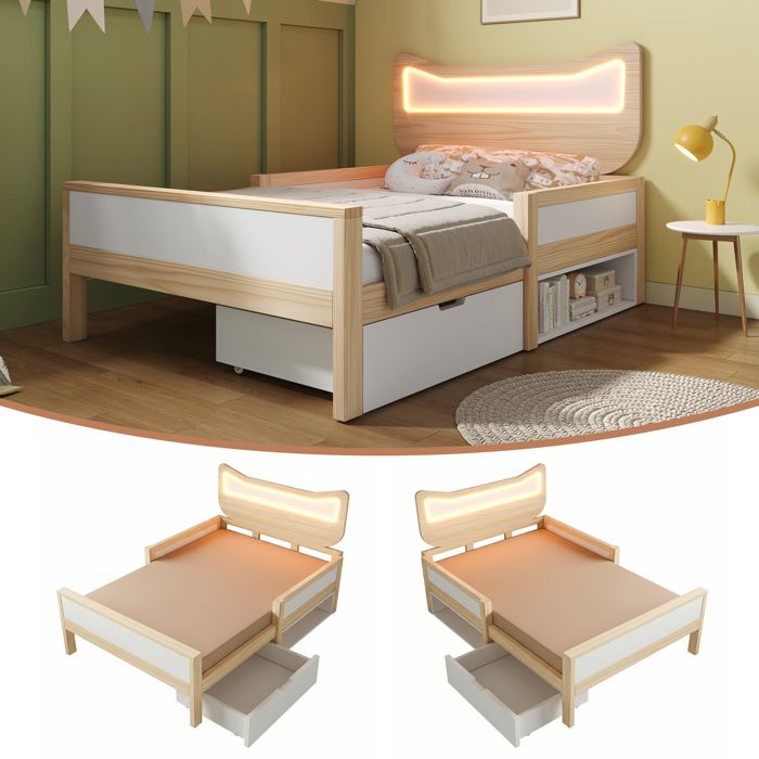 Lit enfant avec LED - Dimensions 90x190 cm - Tête de lit oreilles de chat - Éclairage LED RGB intégré