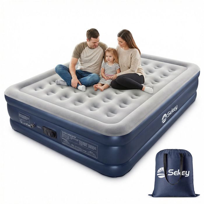 Sekey Matelas Gonflable 2 Personnes avec Pompe Électrique Intégrée Surface Floquée Confort 152 x 203 x 46 cm Gris