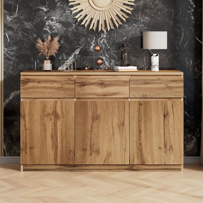 Buffet bois naturel - Meuble de rangement avec 3 portes et 3 tiroirs - Étagères réglables - Pour salon et salle à manger
