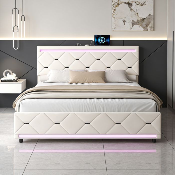 Lit double 160x200 cm avec sommier à lattes et 4 tiroirs lit 160x200 lit 2 places avec LED USB tissu en velours beige