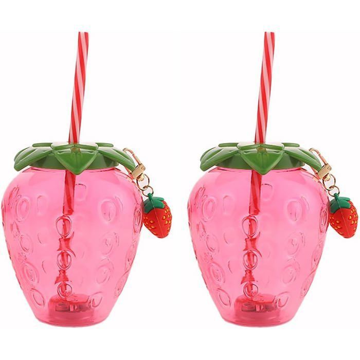 2PCS gobelets avec couvercle et paille Joli gobelet à fraises Bouteille deau en plastique réutilisable Pot de boisson froide 500ml