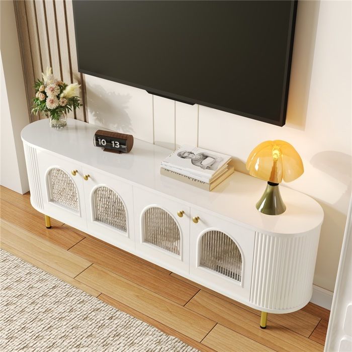 Meuble TV blanc 170cm - portes vitrées - 4 portes rangement - poignées dorées - pieds dorés - salon Meuble TV blanc 170cm - portes vitrées - 4 portes rangement - poignées dorées - pieds dorés - salon