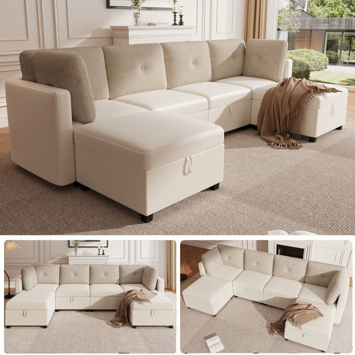 Canapé dangle modulable en U avec rangement Canapé convertible en dangle/lit de jour/fauteuil Velours et Côtelé Beige