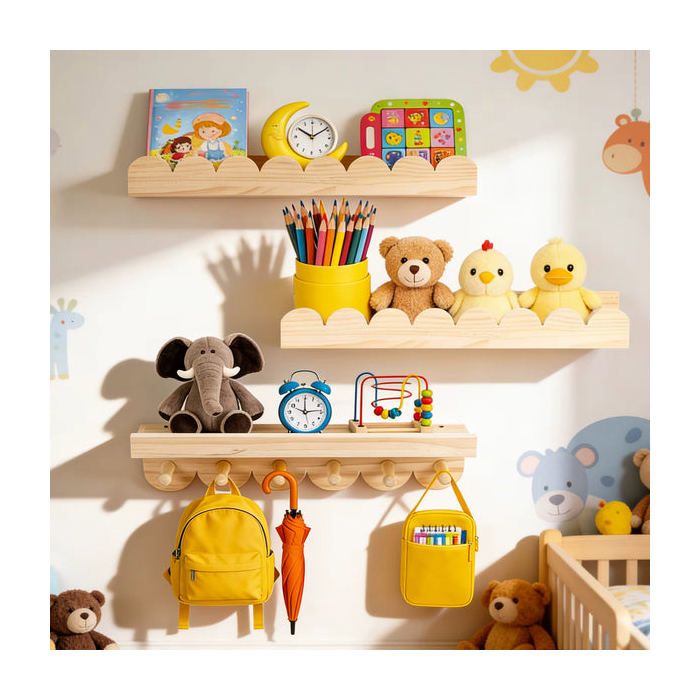 Lot de 3 Étagères Murales Flottantes pour Chambre dEnfant en Bois avec Crochets Bibliothèque Murale pour Livres Jouets