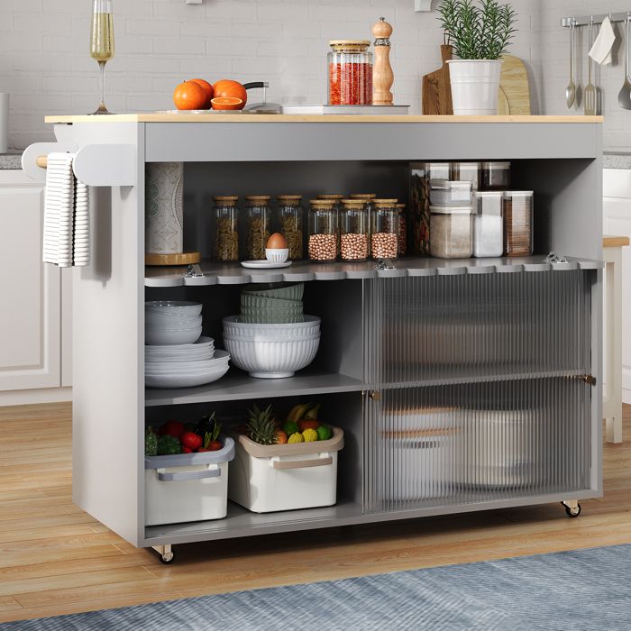 Desserte de Cuisine Mobile 122 cm - Merax Îlot de Cuisine Gris avec Plan Rabattable Portes Coulissantes Verre