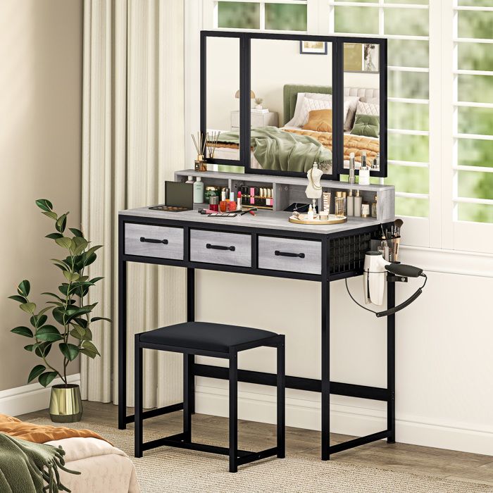 Coiffeuse de maquillage - Modèle triptyque - Miroir amovible - 3 tiroirs & rangements - Tabouret rembourré