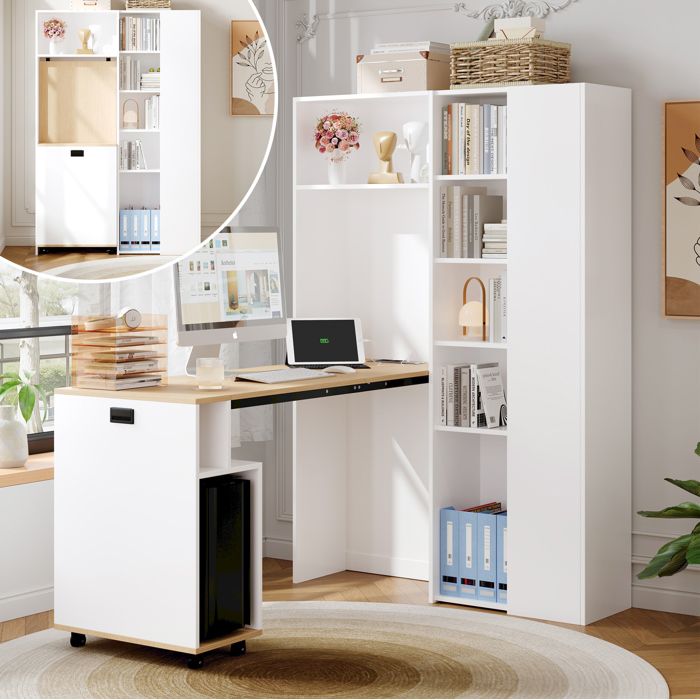Bureau pliable 2-en-1 avec bibliothèque 1045 x 305 x 160 cm prise EU et ports USB MDF blanc décor bois