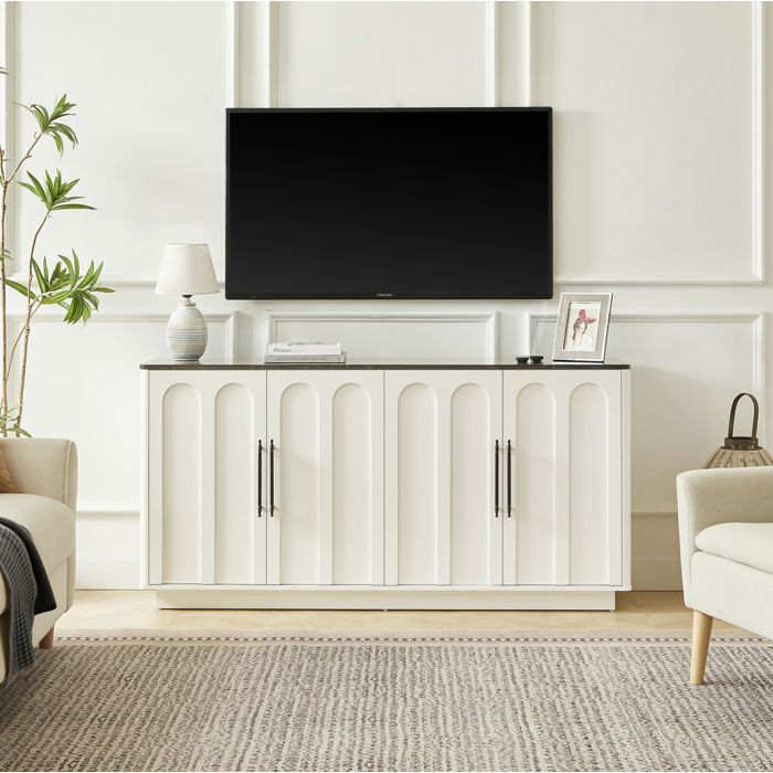 Buffet bas 4 portes 160 cm blanc et noir MDF façade arrondie fermeture douce et anti-basculement