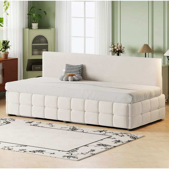 Lit coffre rembourré 90 x 200 cm avec dossier en velours beige