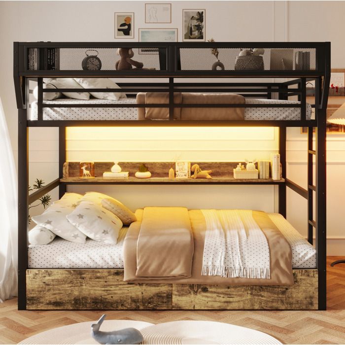 WOVREO Lit superposé 140x200 cm en métal et MDF avec 2 tiroirs étagère panier LED noir