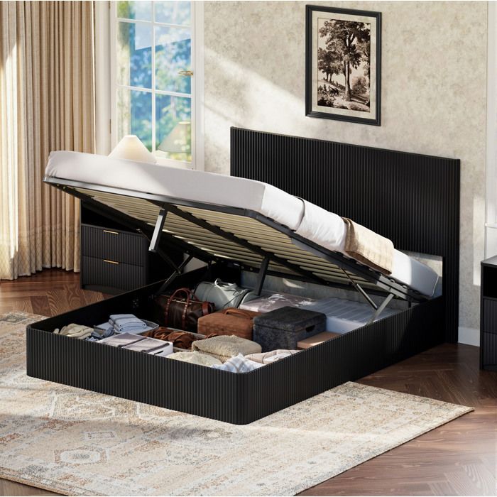 Lit coffre 160 x 200 cm EVRYAE avec système hydraulique silencieux et grand rangement noir