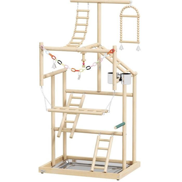 SENVIRO aire de jeu pour oiseaux 48 x 38 x 95 cm bois naturel 4 niveaux plateau amovible en acier inoxydable