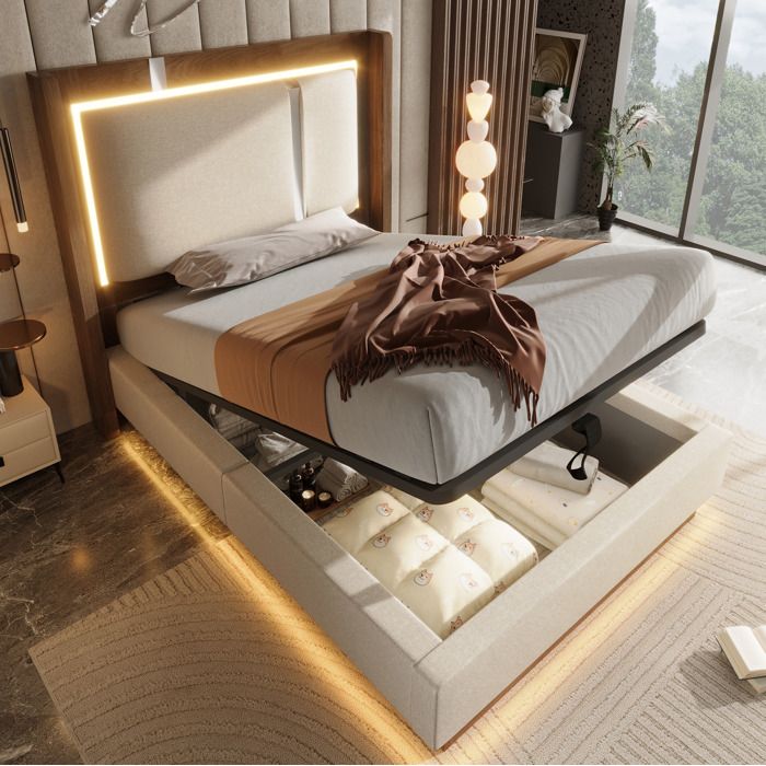 WOVREO Lit coffre 90x200 cm rembourré avec LED sommier à lattes ouverture hydraulique beige et noyer